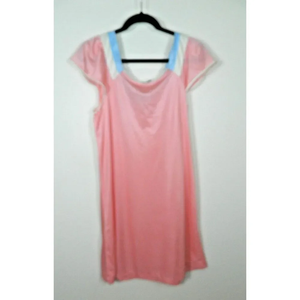 Vanity‎ Fair Nightgown Size Large Pink Blue Nylon Vintage Cap Sleeve